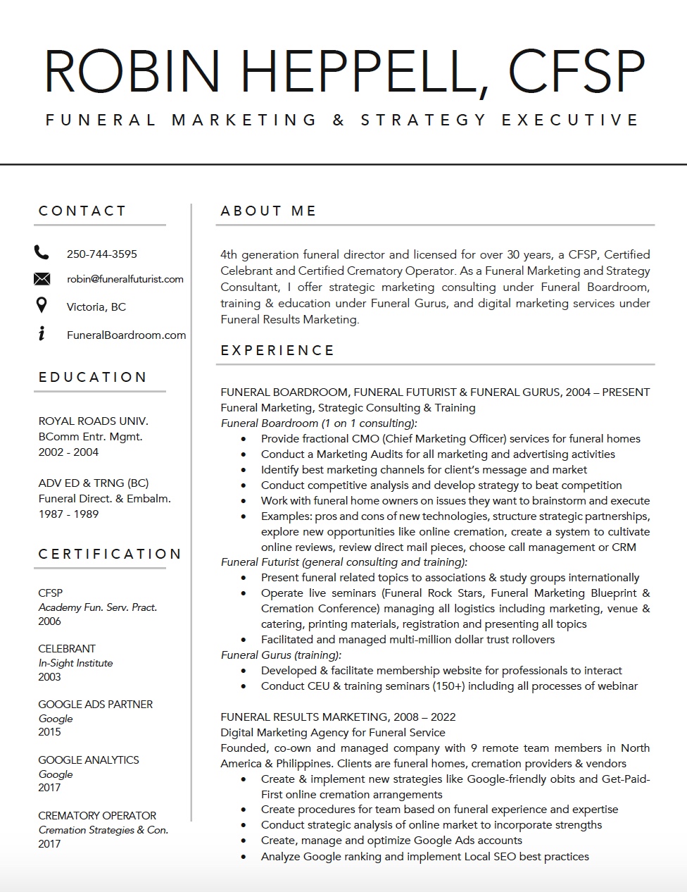 Funeral Marketing Expert Robin Heppell CMO Resume